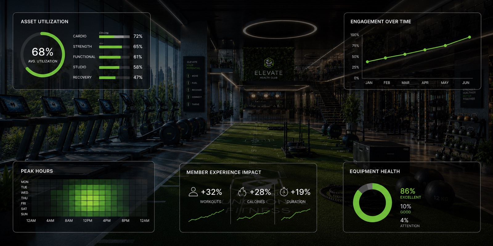 An equipment intelligence dashboard overlaid on a health club floor, showing asset utilization by category, peak hours by day, engagement over time, member experience impact, and equipment health.